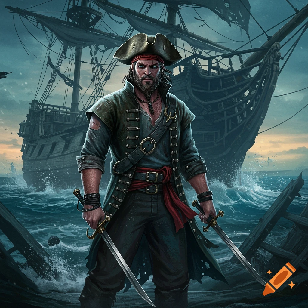 A grizzled pirate holding two swords stands in choppy water with a large shipwreck in the background, in an illustrative style.