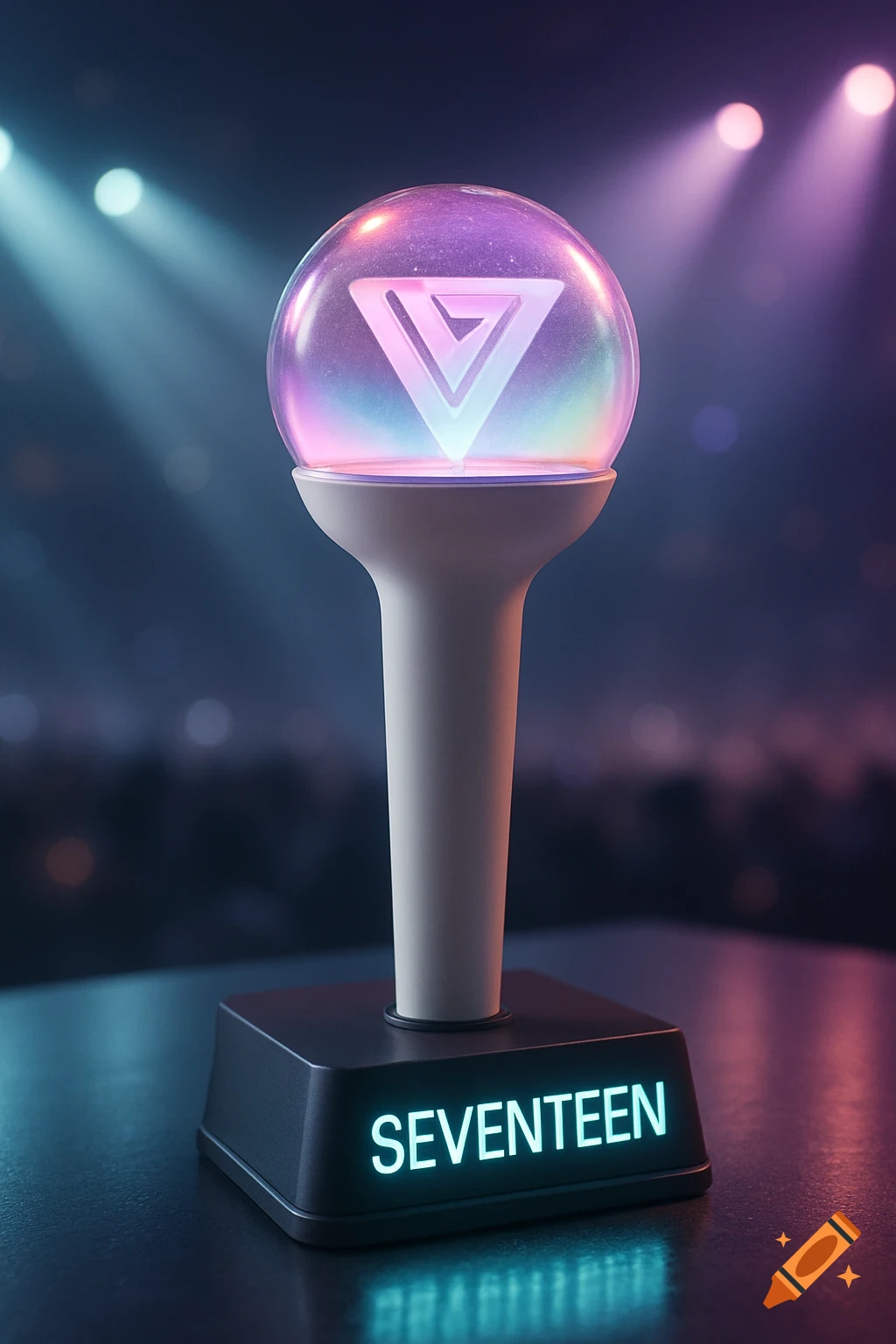 A glowing K-pop lightstick stand for the group SEVENTEEN, set against a blurred stage background with spotlights.