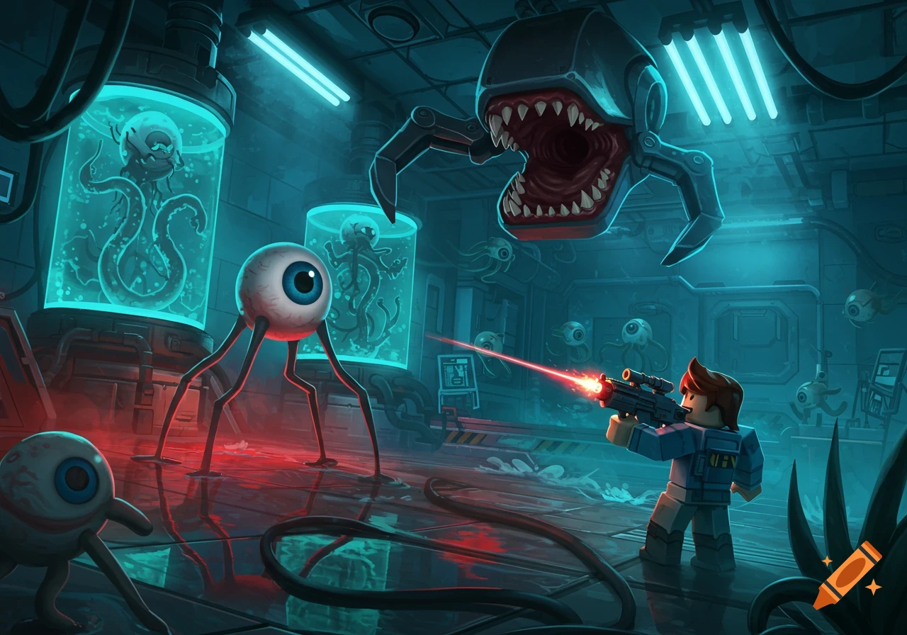 A Roblox character battles alien creatures in a sci-fi lab, firing a laser gun at a giant monster and eyes on legs.