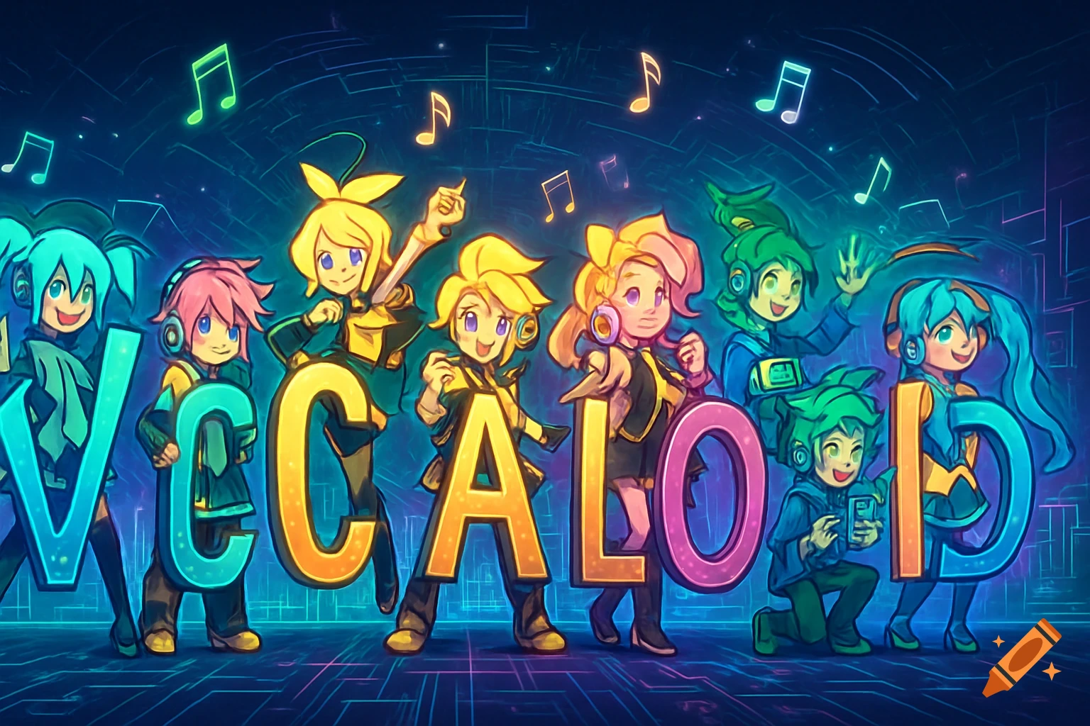Anime-style characters resembling Vocaloids hold up large, colorful letters spelling 'VOCALOID' with musical notes in the background.