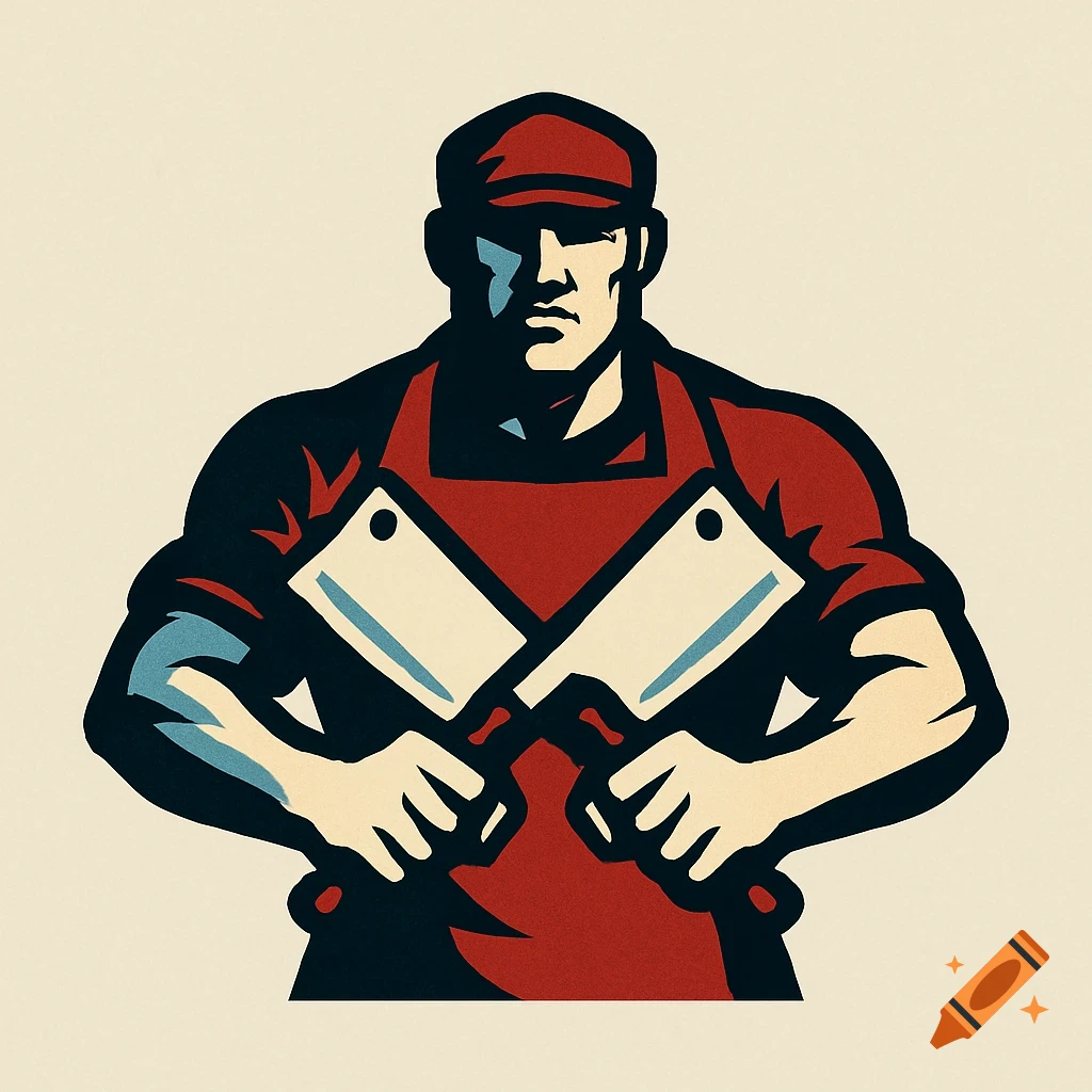 A stylized butcher in a red apron and cap, holding two crossed cleavers. Rendered in red, black, beige, and blue.