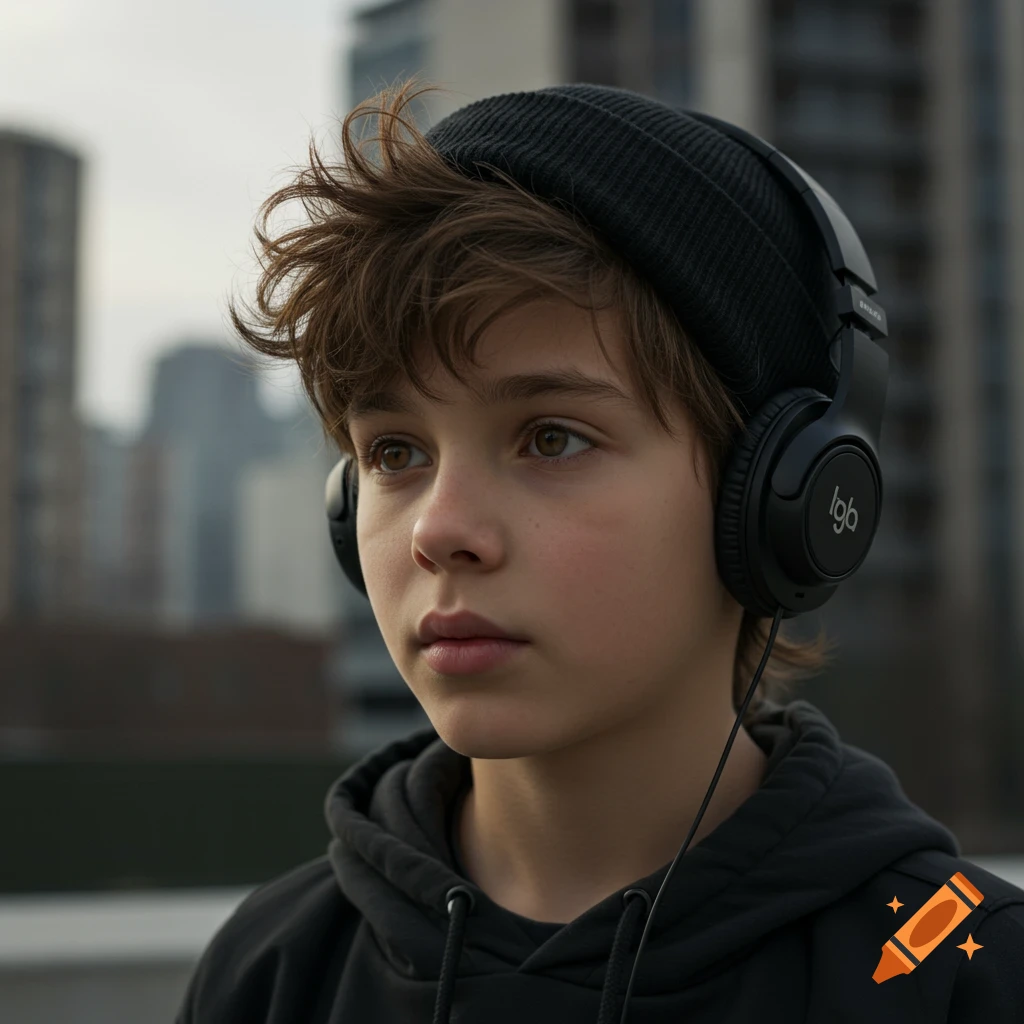 A photorealistic portrait of a young boy in a black beanie and headphones, looking away in an urban setting.