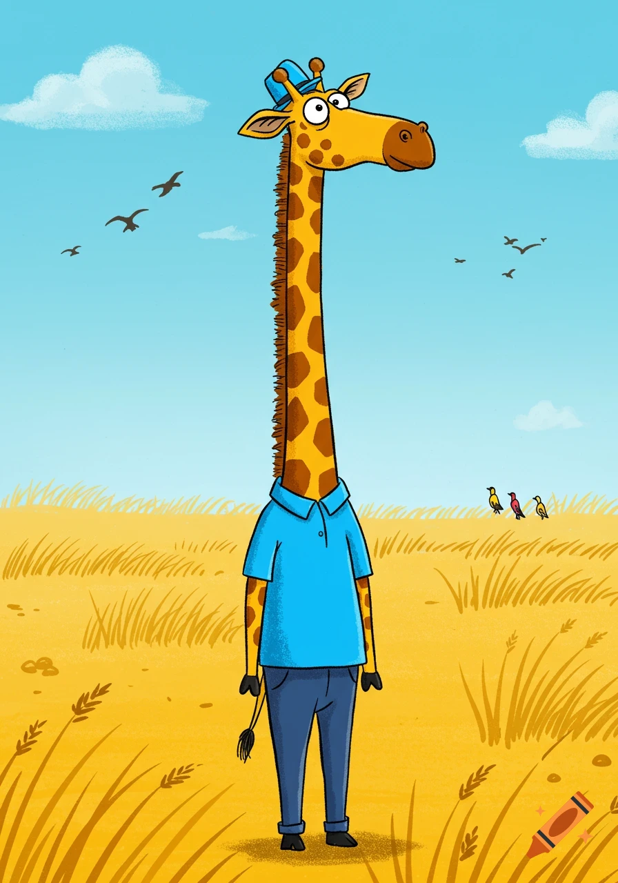 A cartoon giraffe wearing a blue polo shirt, dark blue pants, and a blue hat, standing in a golden field under a blue sky with birds flying.