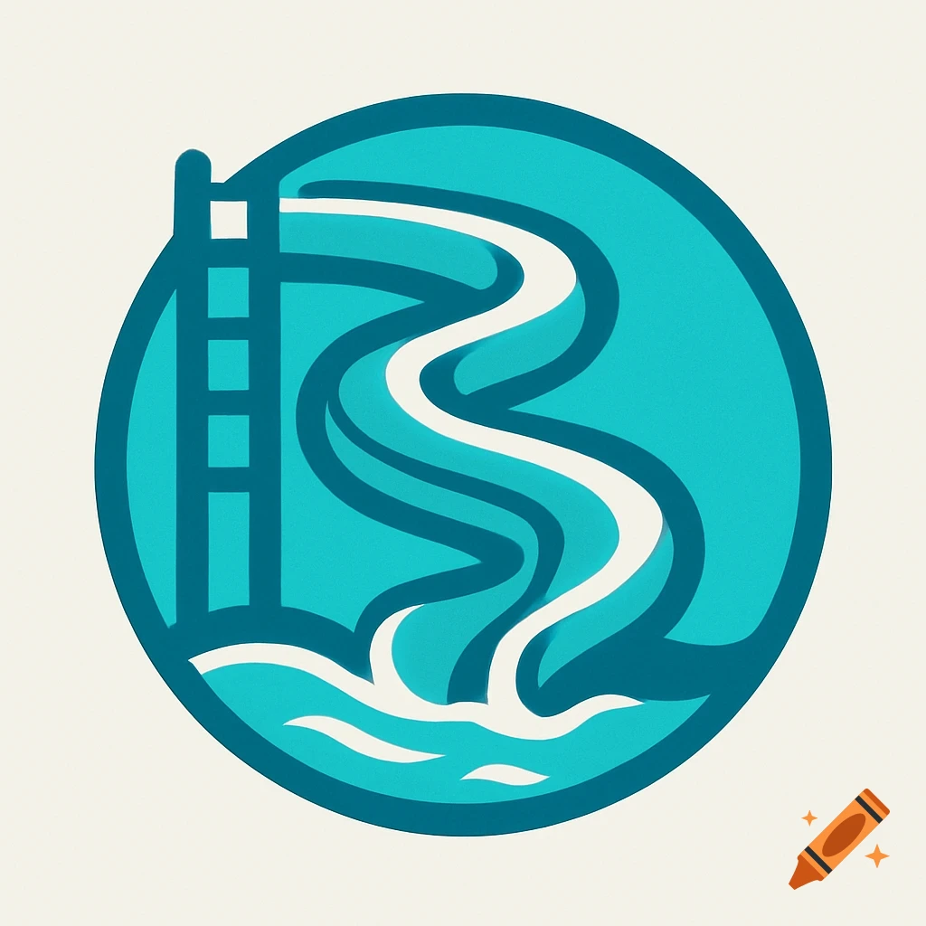 A stylized circular logo of a blue and white waterslide with a ladder and splashing water.