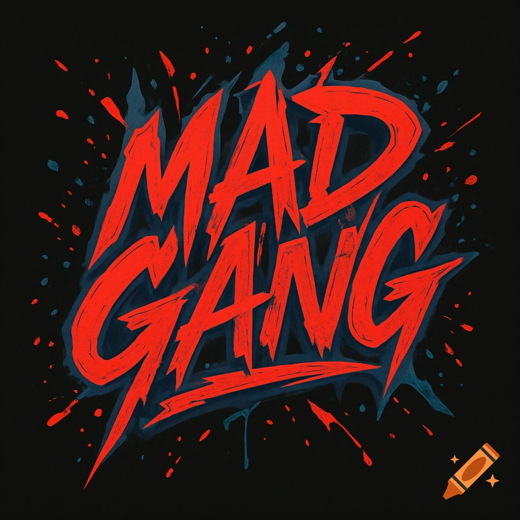 Red jagged 'MAD GANG' text with brushstrokes and paint splatters on a dark background in a grunge style.