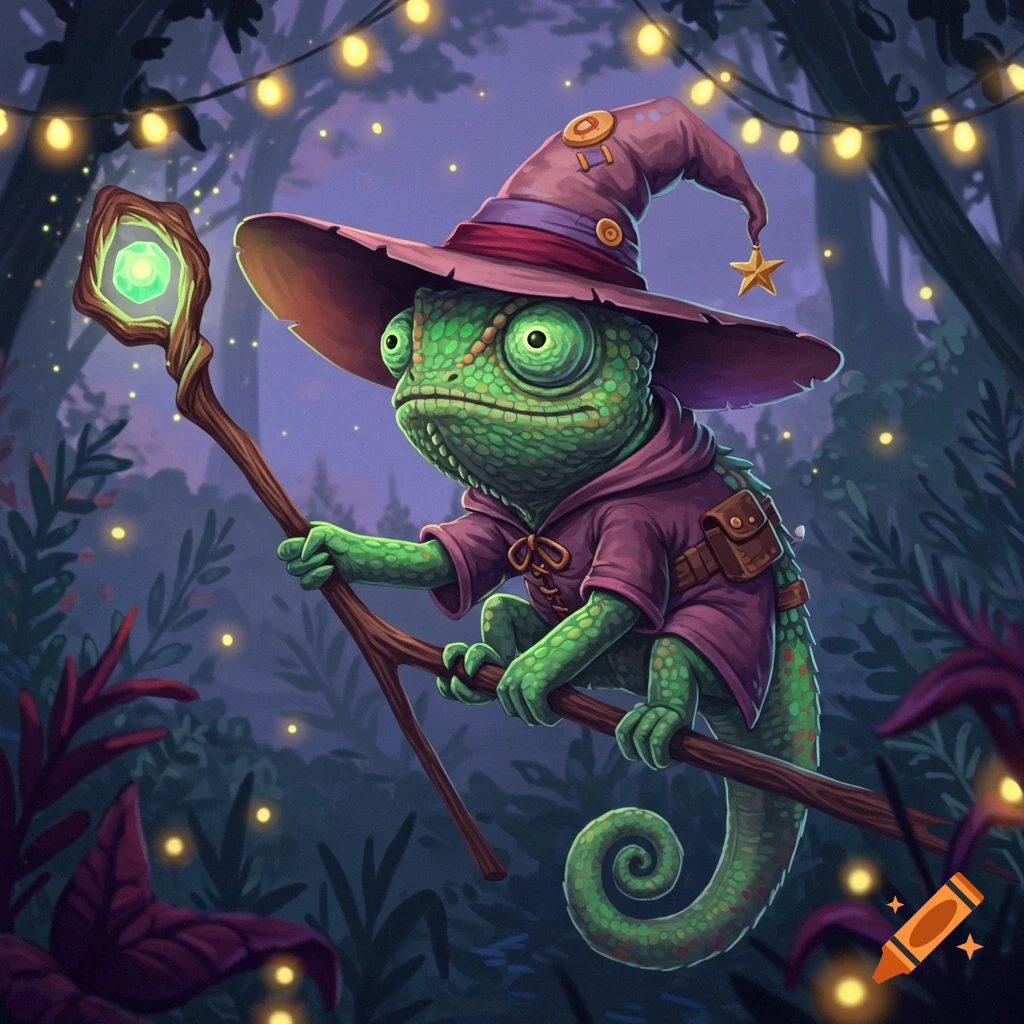 A cute cartoon chameleon wearing a purple wizard hat and robe, holding a glowing staff, perched on a branch in a magical forest with string lights.