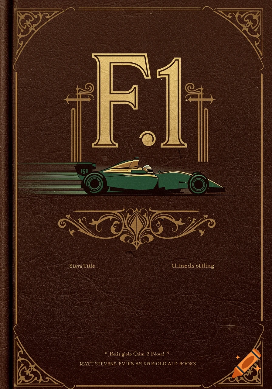 A vintage style book cover with a brown leather texture and golden decorative borders. The title 'F.1' is in large gold letters above a green formula one race car moving left with speed lines. Below the car are two lines of garbled text.