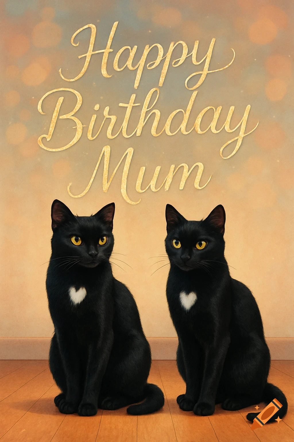 Two black cats with heart-shaped white chest spots sit on a wooden floor under 'Happy Birthday Mum' text on a warm background.