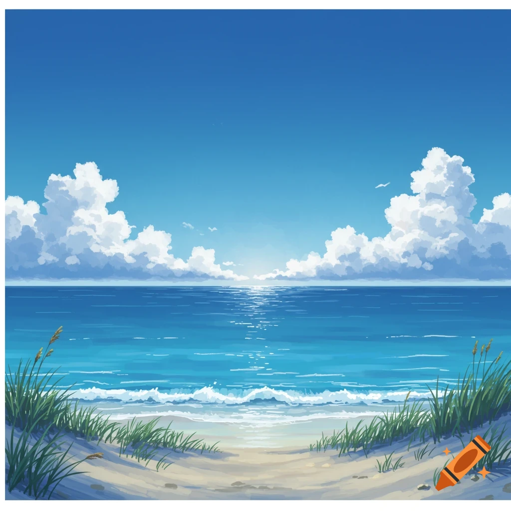 An illustrative serene beach landscape with calm blue ocean water, a sandy shore, and a clear blue sky with fluffy white clouds.
