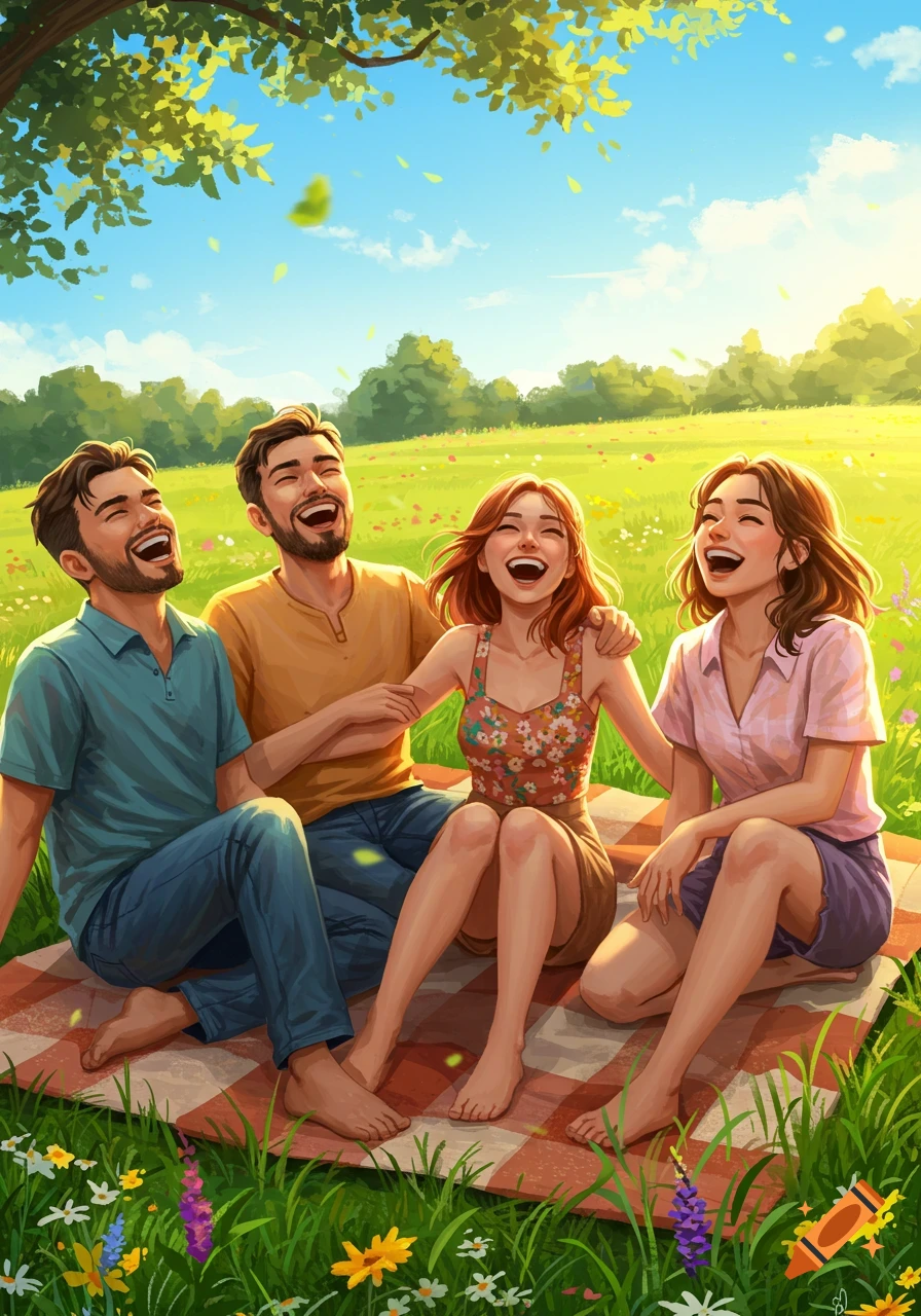 A group of friends laughing heartily on a picnic blanket in a sunny park, with trees and wildflowers. Stylized illustration.