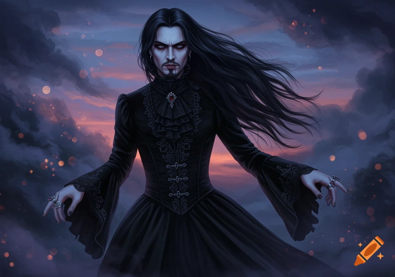 A dark fantasy portrait of a pale-skinned man with long black hair, dressed in a black gothic ruffled coat against a stormy sunset sky.