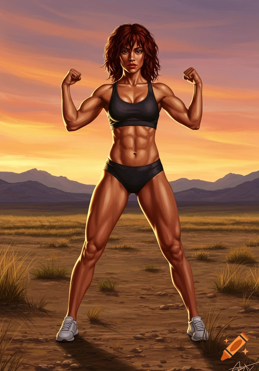 An illustrated muscular woman flexes her arms in a sports bra and underwear in a desert landscape at sunset.