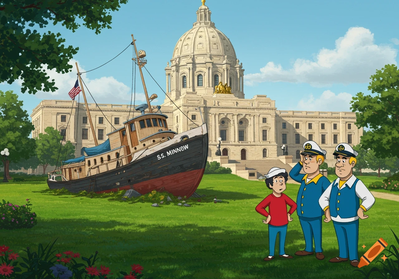 A cartoon illustration of the SS. Minnow shipwrecked on a green lawn in front of the Minnesota State Capitol building, with Gilligan and the Skipper standing in the foreground.