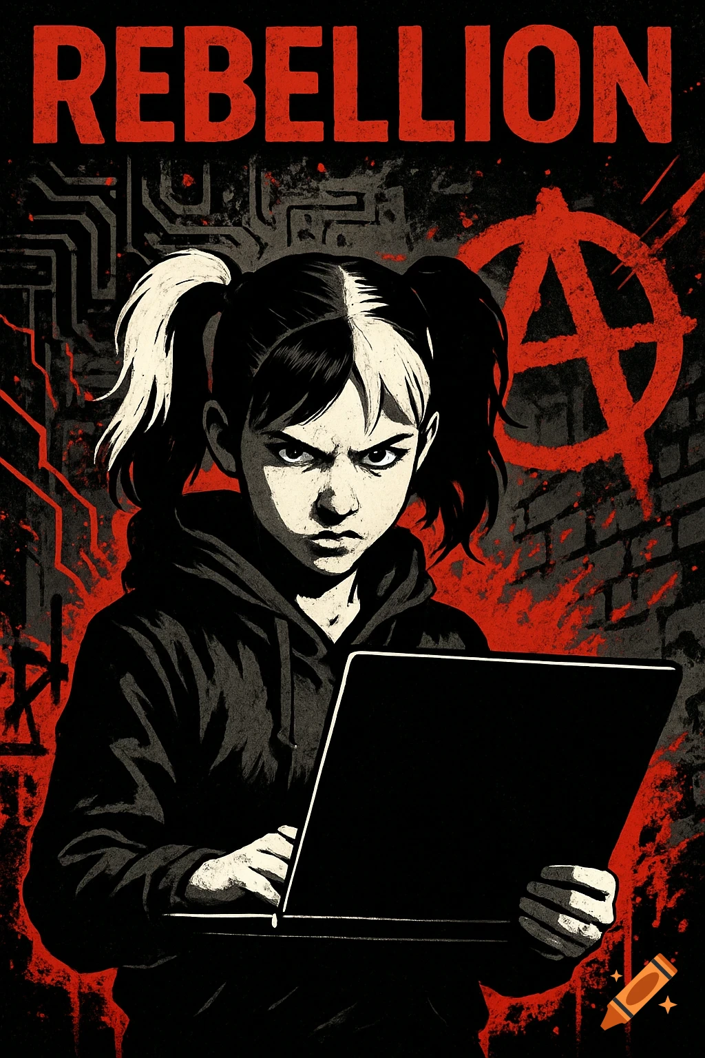 A poster in a graphic novel style shows a determined girl with black and white pigtails using a laptop under the word 'REBELLION' and an anarchy symbol.