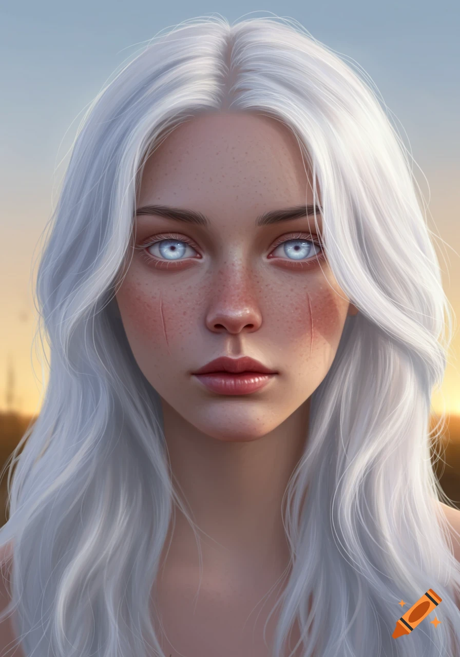 Photorealistic portrait of a young woman with long white hair, pale blue eyes, freckles, and scars on her cheeks, against a blurred sunrise.