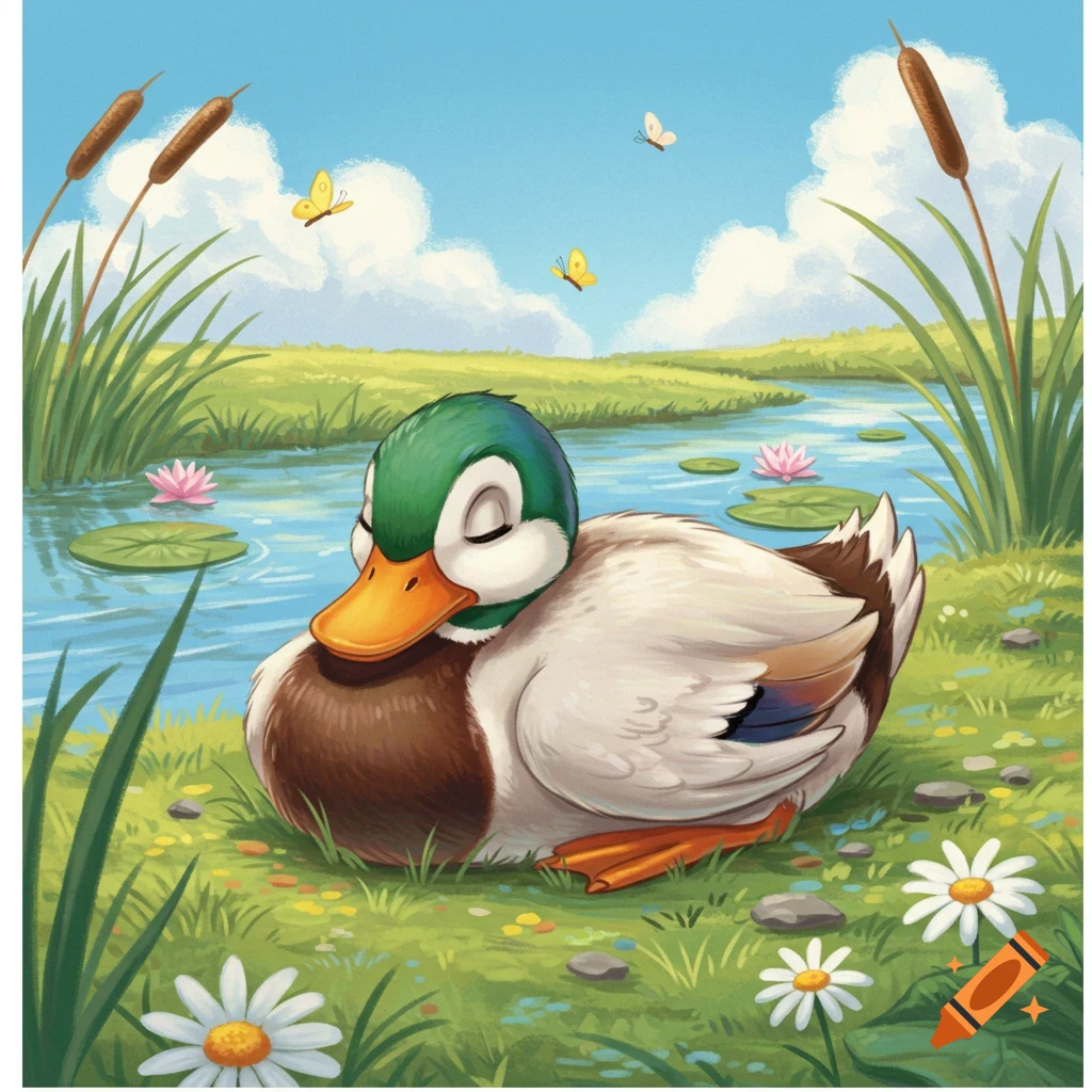 A sleeping duck, drawn in Disney style, rests on a grassy bank next to a pond with lily pads, cattails, and butterflies.