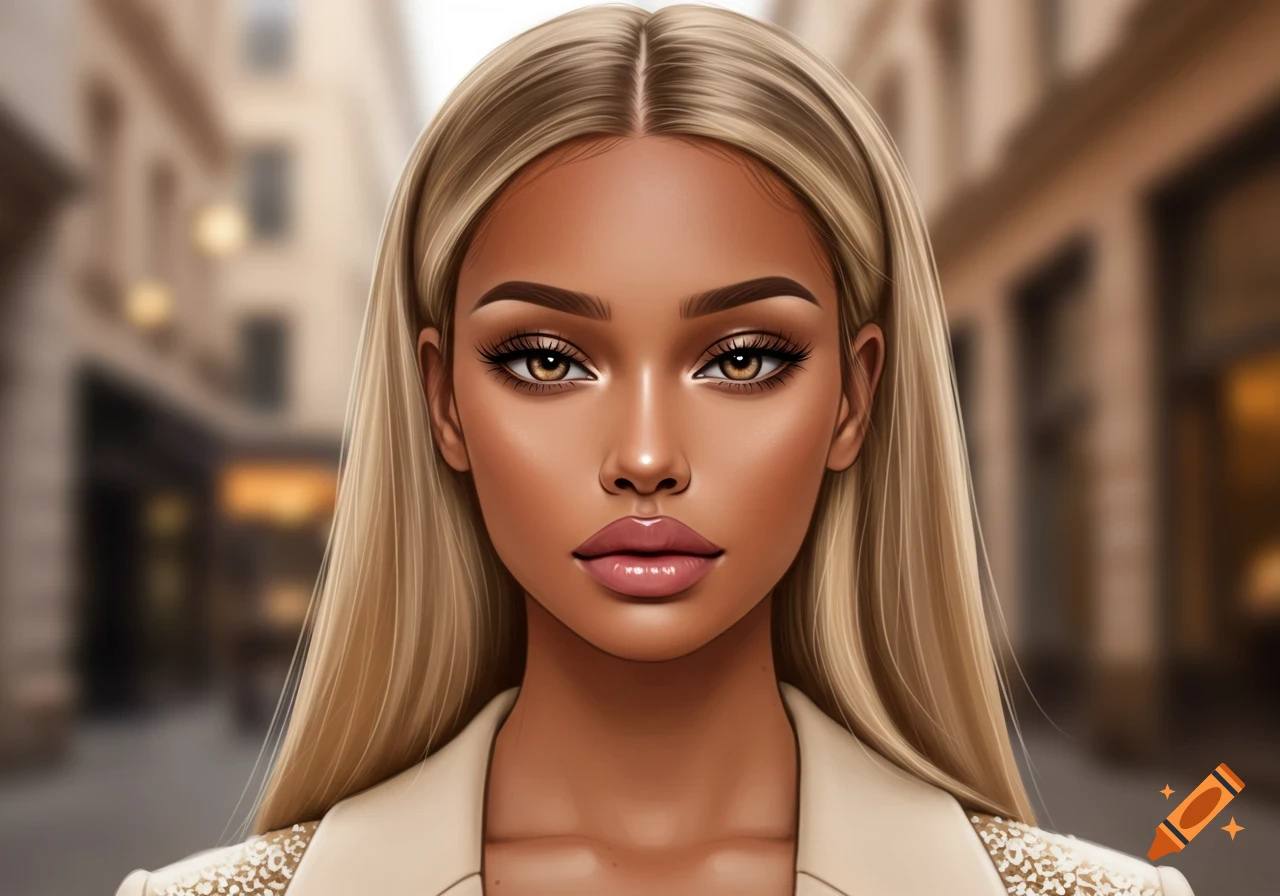 A highly stylized digital portrait of a woman with tan skin, blonde hair, and large brown eyes, wearing a light jacket, against a blurred street background.