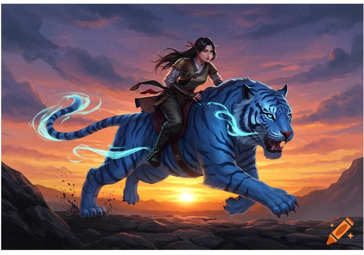 A woman in traditional clothing rides a blue tiger across a rocky landscape at sunset, digital art.