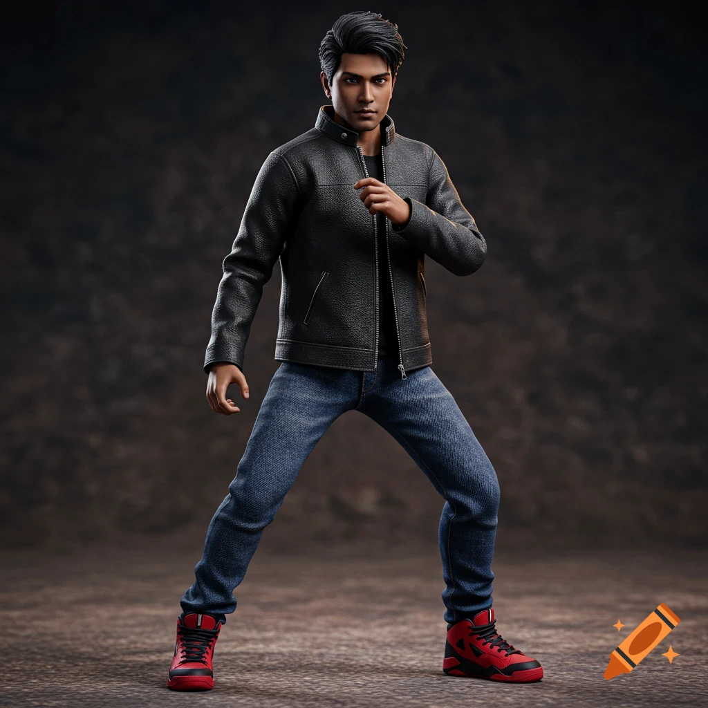 A photorealistic action figure of a young man with dark hair, dark skin, and brown eyes, wearing a black leather jacket, blue jeans, and red sneakers, standing on a dark background.