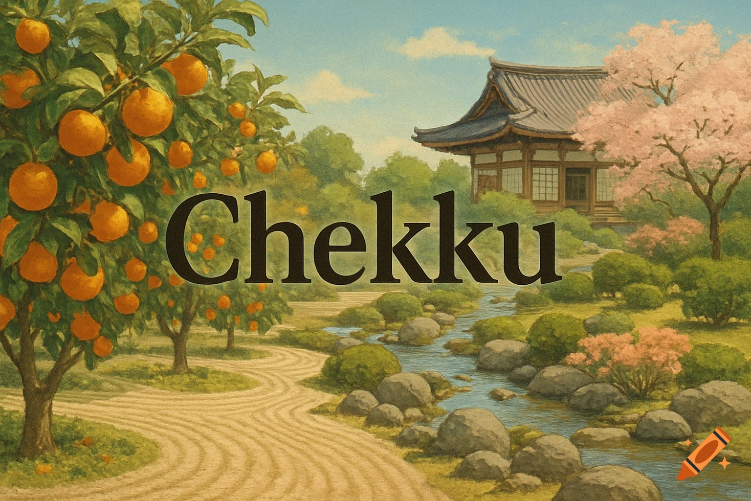 A painted scene of a Japanese garden with mandarin trees, a stream, a traditional building, and the word 'Chekku' in the foreground.