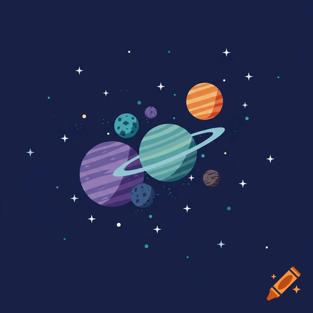 A cartoon illustration of colorful planets, including a ringed planet, and stars against a dark blue background.