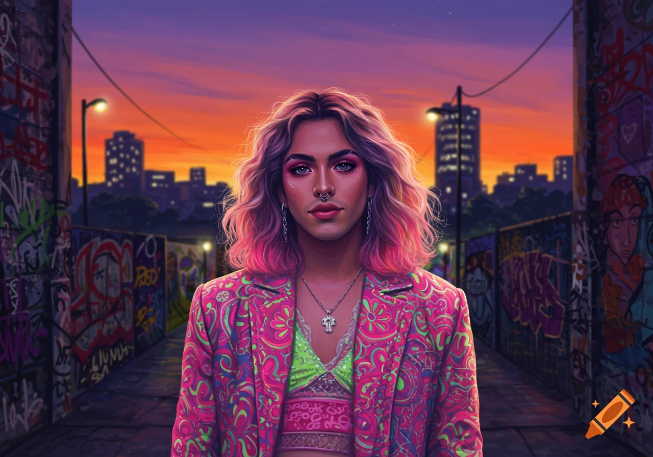 A vibrant, colorful portrait of a person with pink hair and a patterned jacket standing in a graffiti-covered urban alley at sunset.