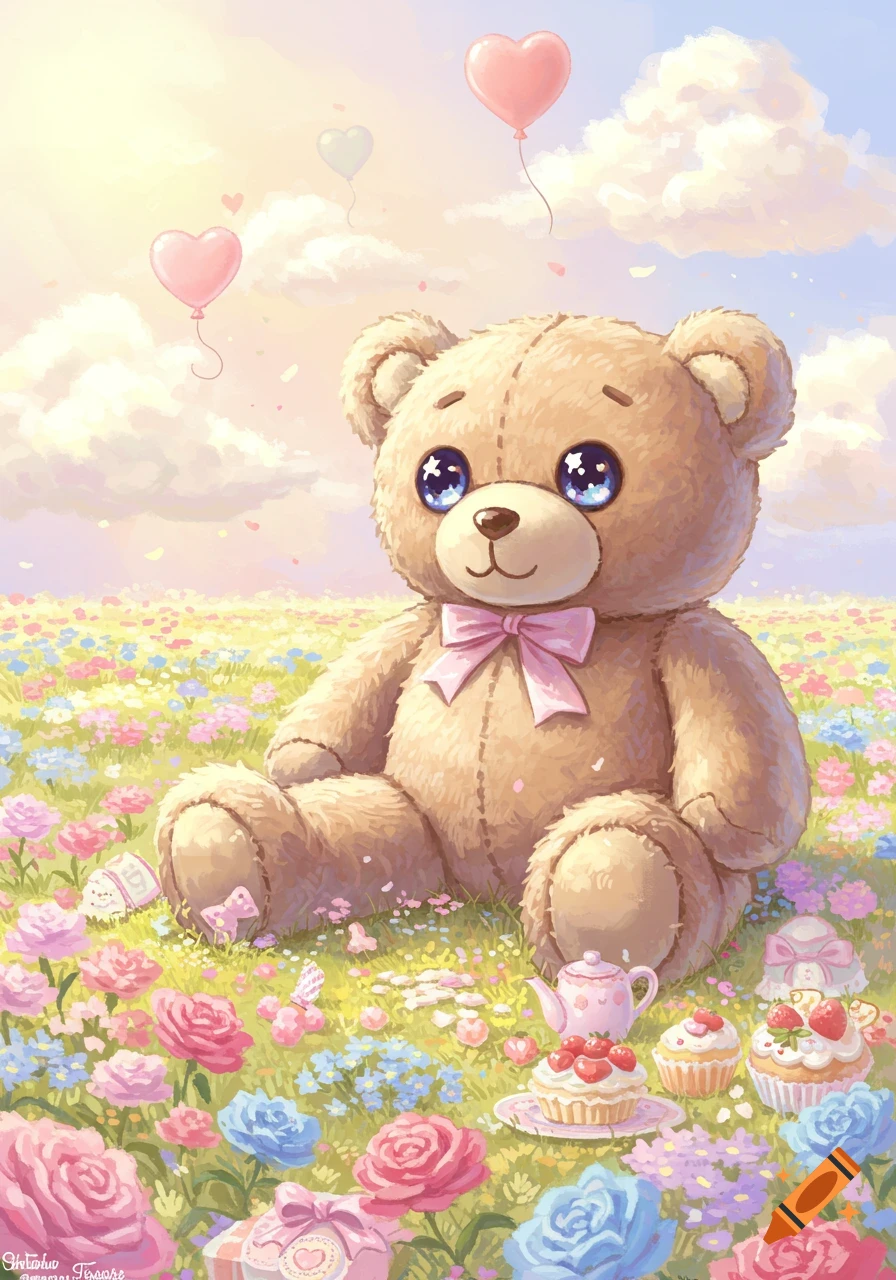 Cute teddy bear with big sparkling eyes and pink bow sitting in a vibrant field of pastel flowers and cupcakes, with heart balloons in the sky.