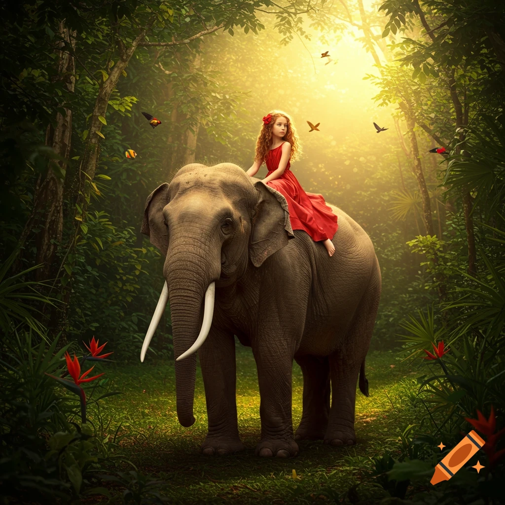 A red-haired girl in a flowing red dress sits atop an elephant in a sun-dappled, lush green jungle, looking forward. Photorealistic.