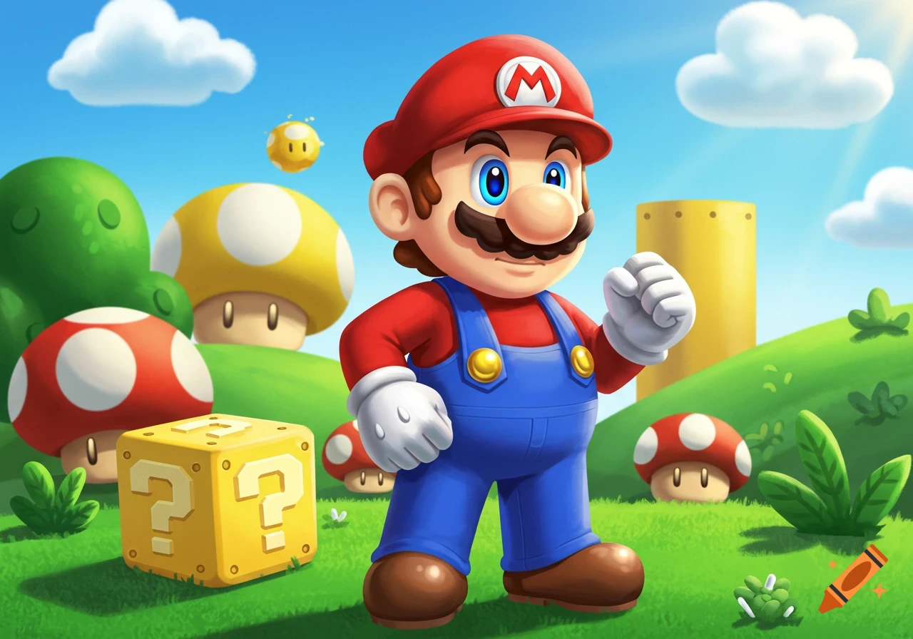 Mario stands in a vibrant cartoon landscape with green hills, red and yellow mushrooms, a yellow question mark block, and blue sky.