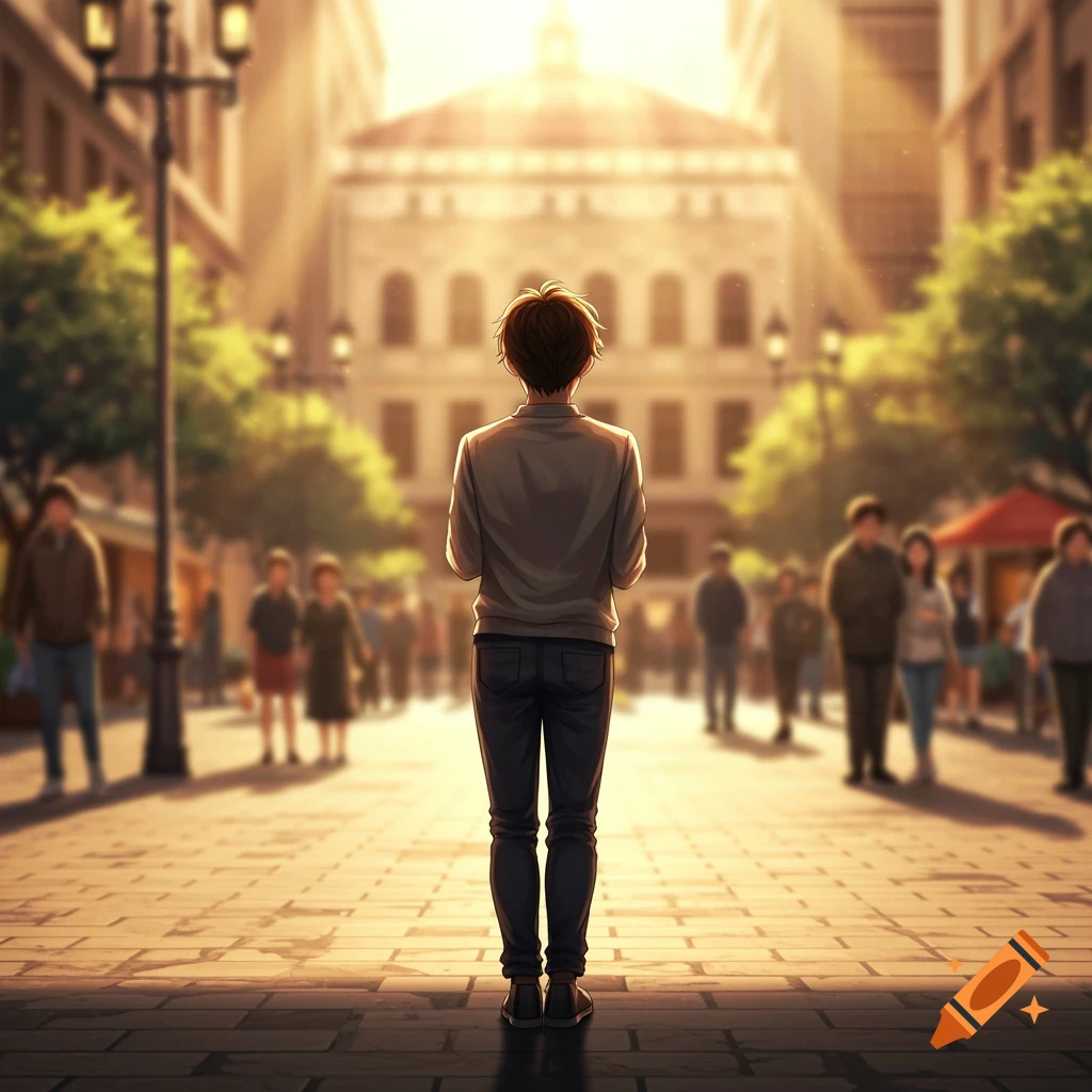 A person stands in a bustling city street bathed in golden sunlight, viewed from behind in an anime art style.