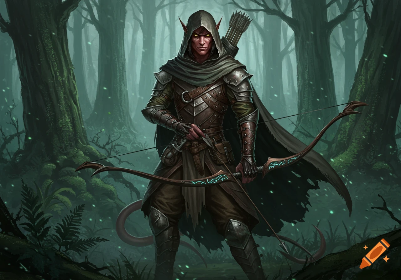A hooded male fantasy character with red skin and pointed ears, wearing armor and holding a bow in a dark, mystical forest.