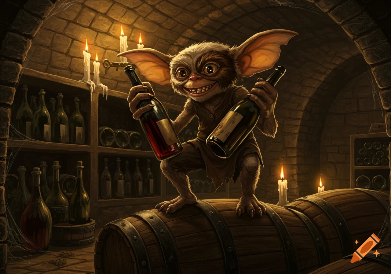 A mischievous gremlin holds two wine bottles while standing on a barrel in a dimly lit, cobwebbed stone wine cellar, with candles on shelves.
