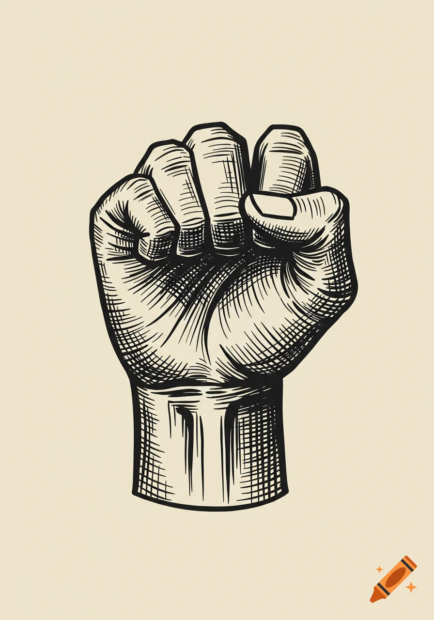 A black and white vintage woodcut style illustration of a clenched fist on a light background.