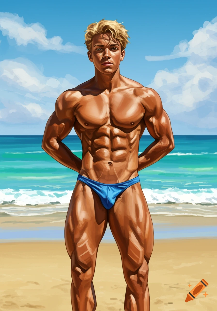 A muscular blonde male bodybuilder in a blue speedo stands on a beach with the ocean behind him, in a stylized digital art style.