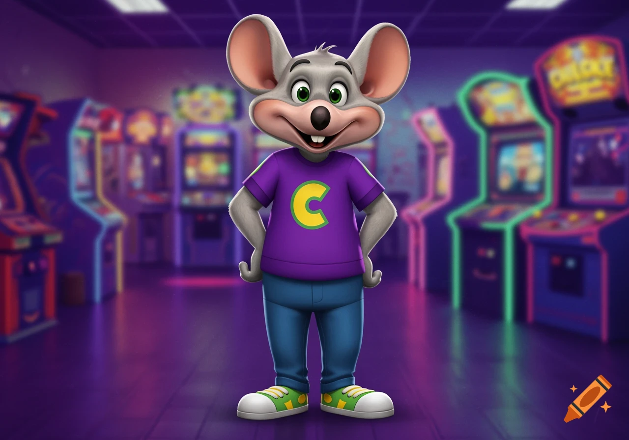 A smiling Chuck E. Cheese, a cartoon mouse character, stands full body in a brightly lit arcade with video games.