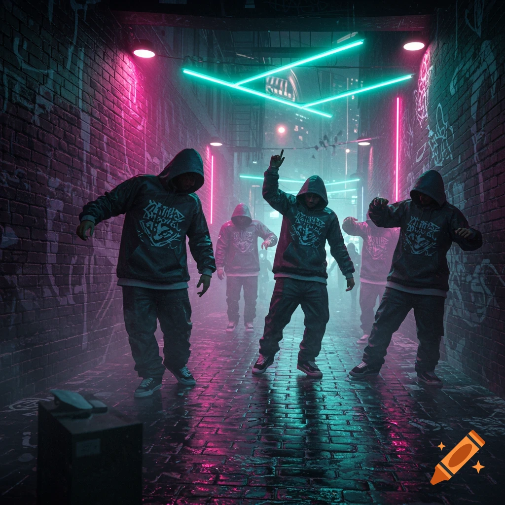 Four hooded figures in hoodies with stylized designs pose in a dimly lit, neon-soaked urban alley with pink and turquoise lights.