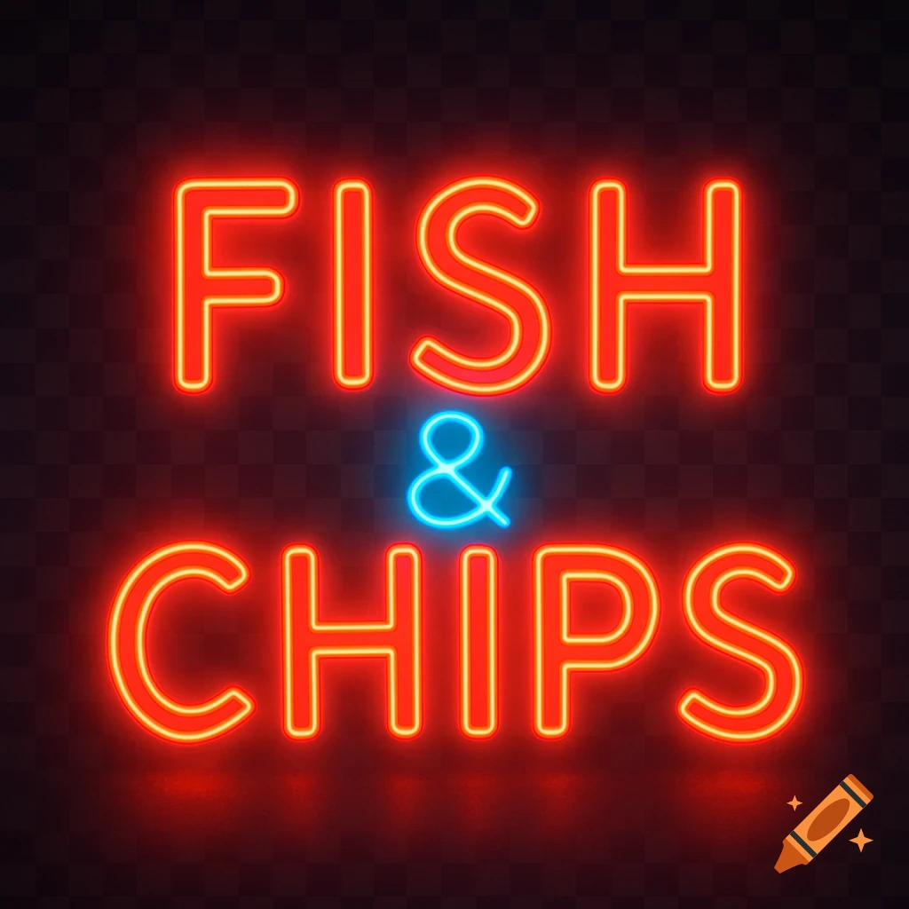 Neon sign with the words 'FISH &' in red and '&' in blue on the top line, and 'CHIPS' in red on the bottom line, against a dark, transparent background.