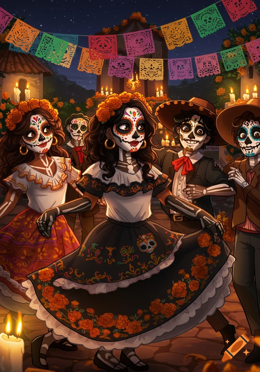 Cartoon characters with Day of the Dead skull face paint dance in traditional attire under papel picado banners and candlelight.