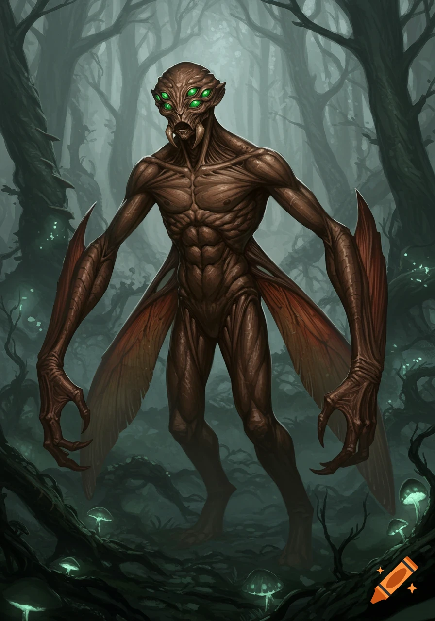 A monstrous brown-skinned, muscular humanoid creature with glowing green eyes and large, leathery wings stands in a dark, misty forest with glowing mushrooms.