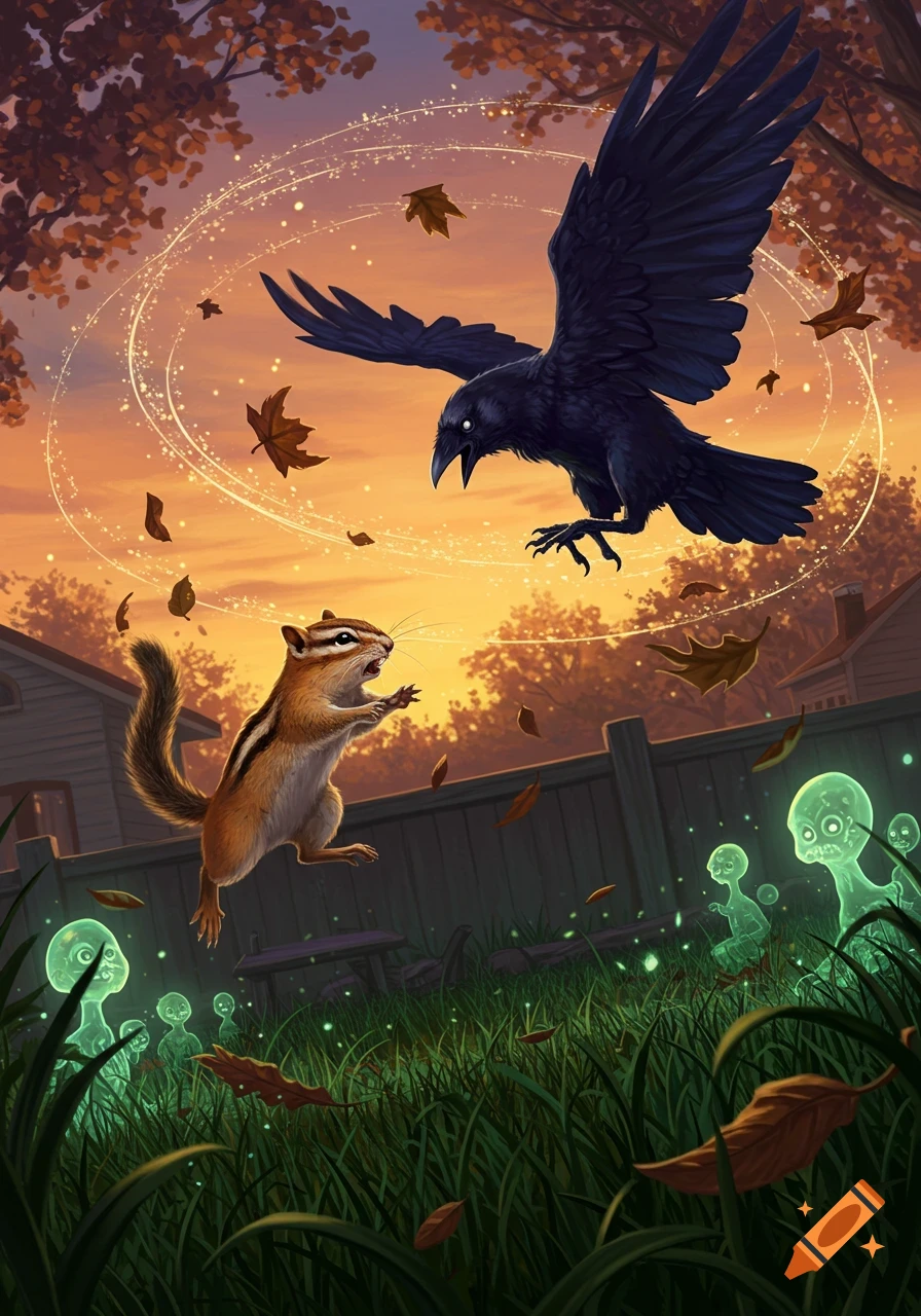 Fantasy illustration of a chipmunk lunging at a diving crow amidst glowing leaves and spirits in a suburban backyard at sunset.