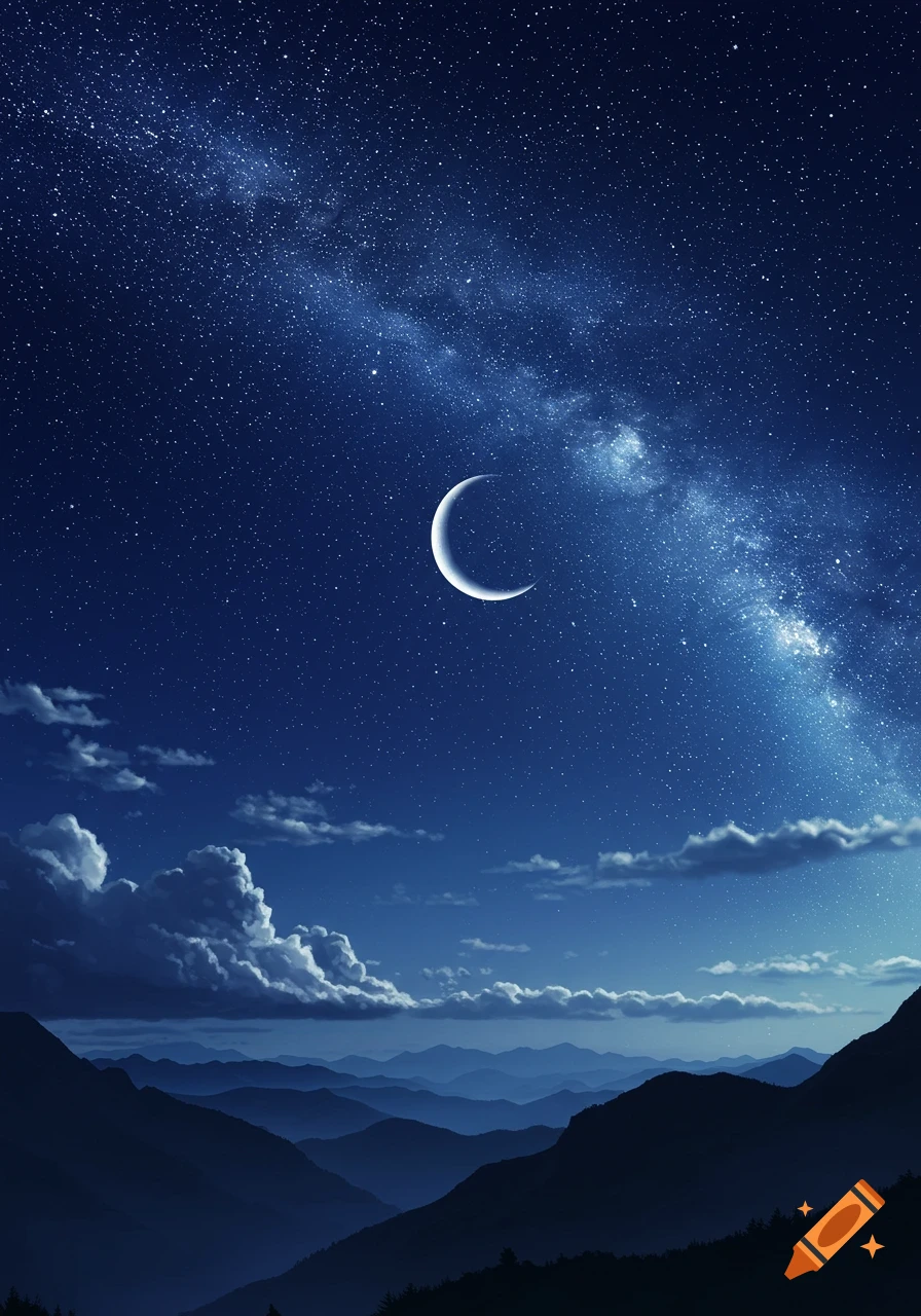 A photorealistic crescent moon shines brightly in a star-filled night sky over silhouetted mountain ranges.