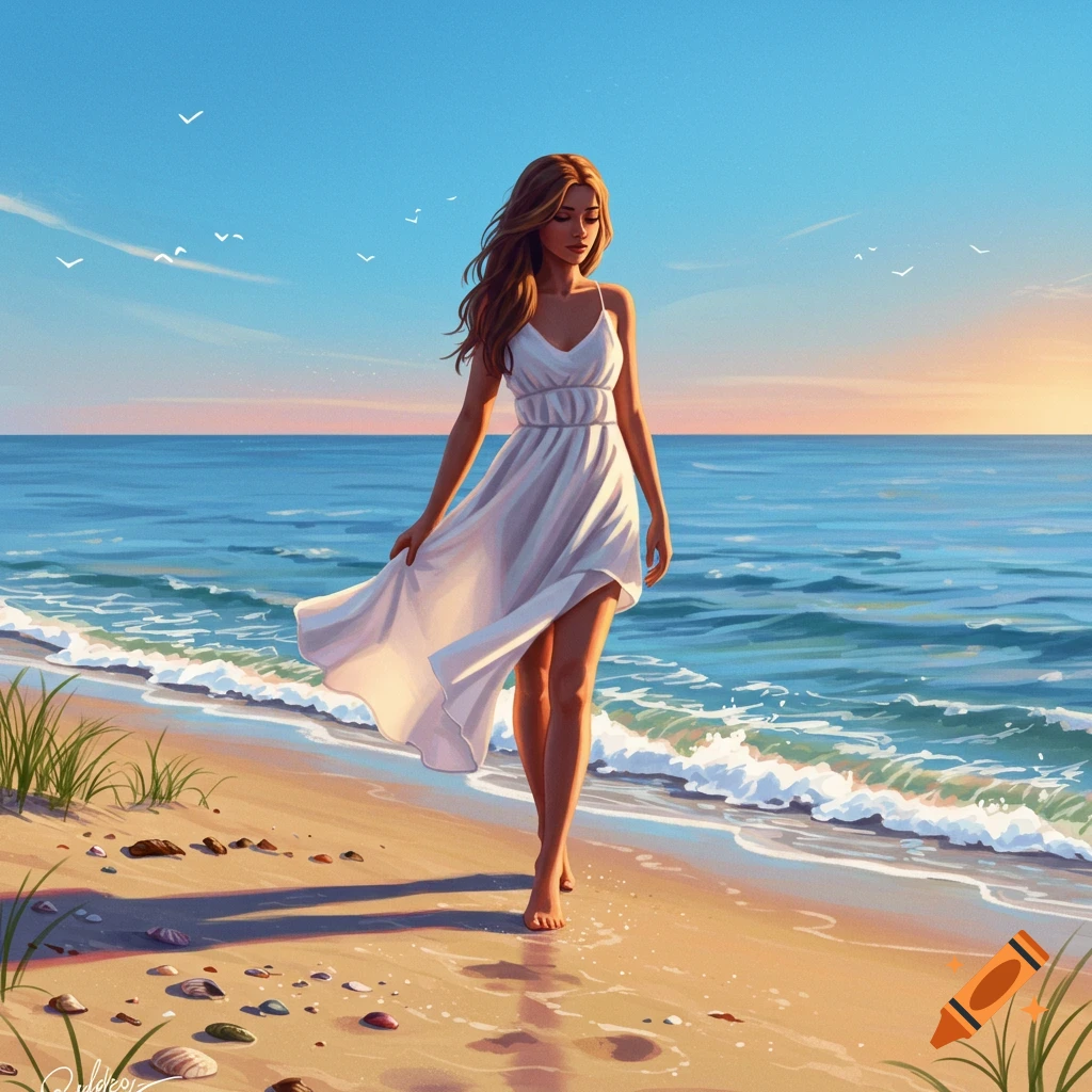 A woman in a white dress walks along a beach at sunset with waves crashing on the shore.