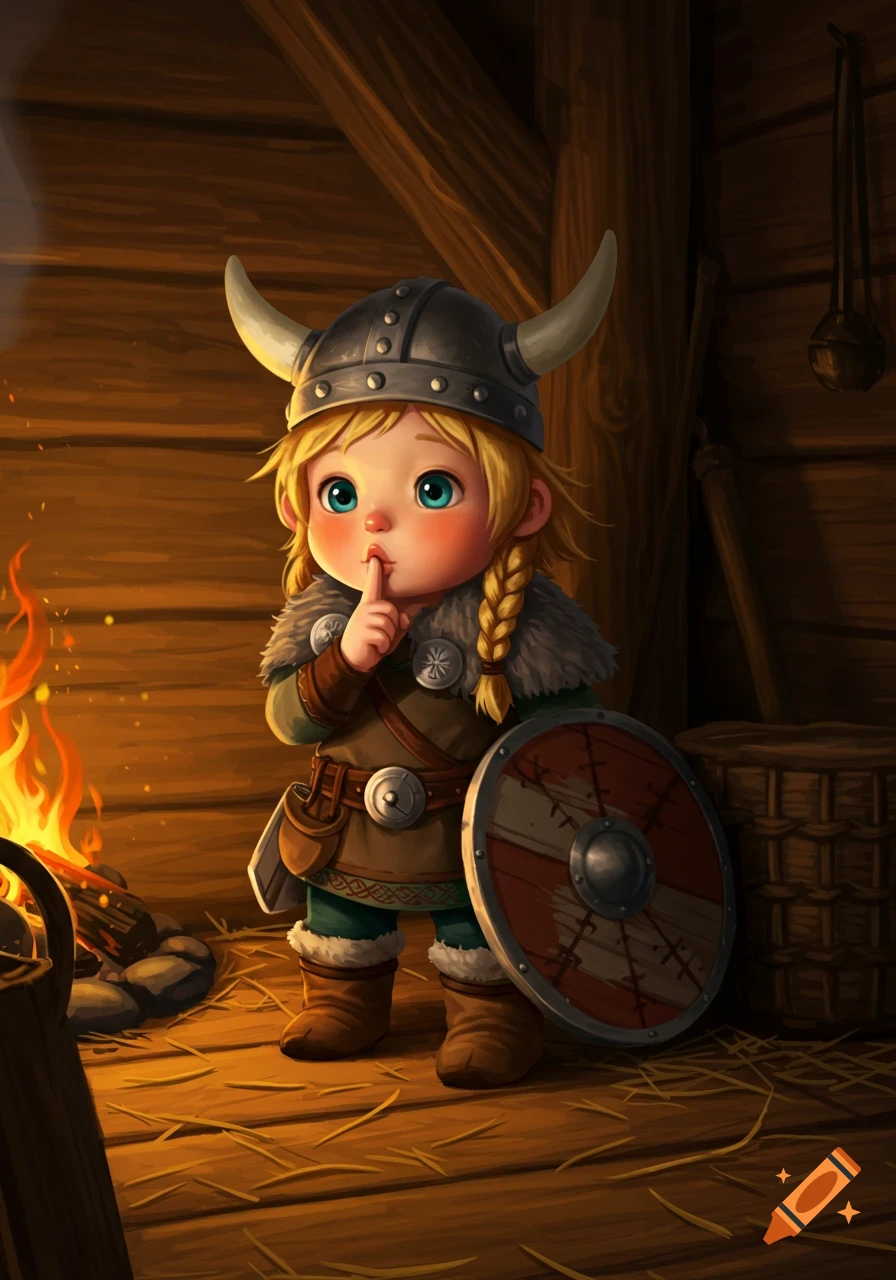 A cute cartoon child dressed as a Viking, wearing a horned helmet and holding a shield, makes a "shush" gesture by a campfire in a wooden room.