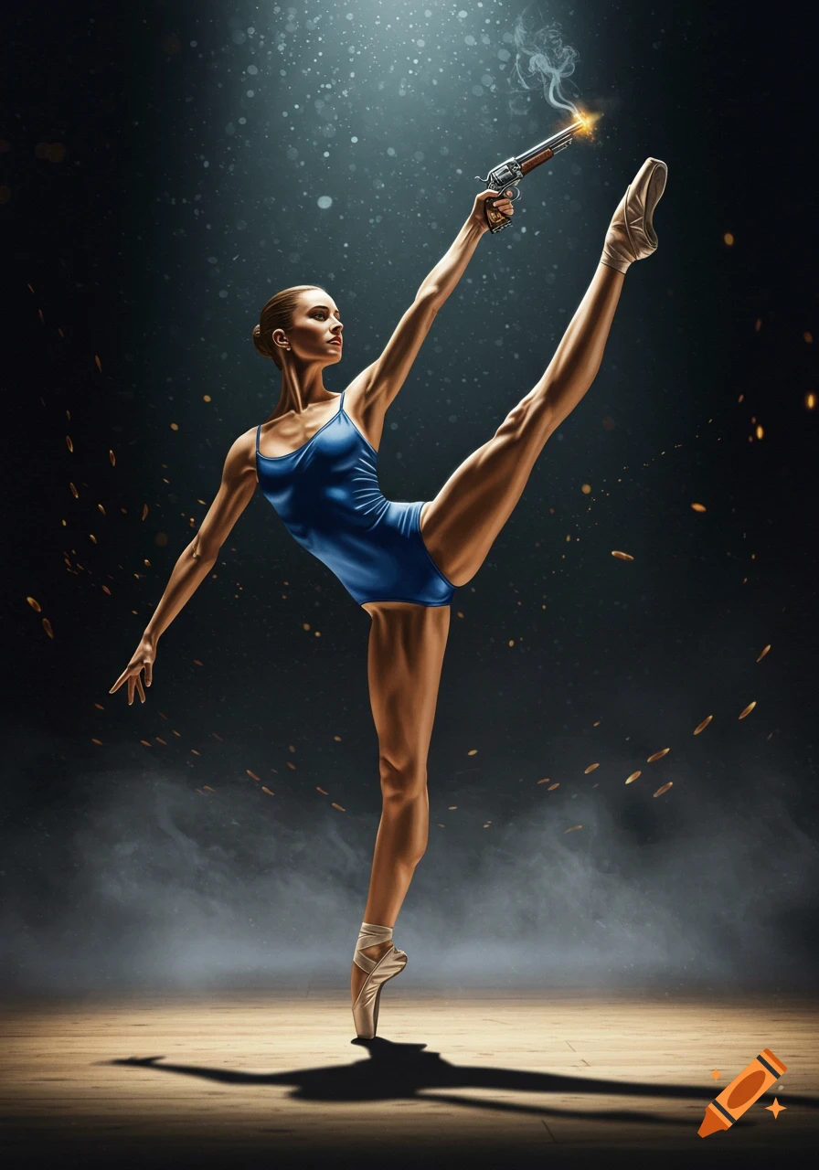 Photorealistic image of a ballerina in a blue leotard posing en pointe, holding a smoking pistol.