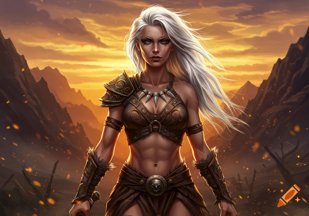 A powerful female warrior with long white hair and blue eyes stands in a desolate, mountainous landscape under a fiery orange sky, wearing leather and metal armor.