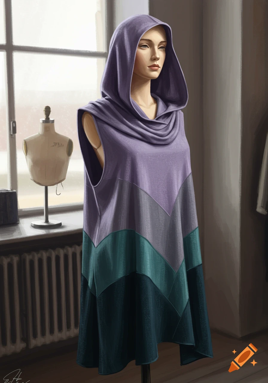 A mannequin displays a hooded, sleeveless top with lilac, teal, and black color blocks in a room with a window.