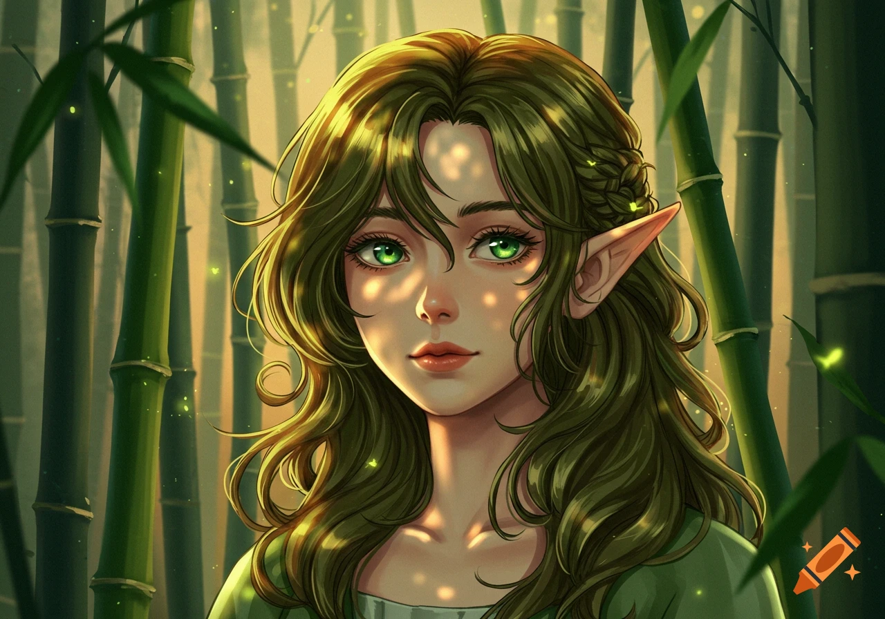 Anime-style portrait of an elf-like woman with green eyes and green hair in a bamboo forest.