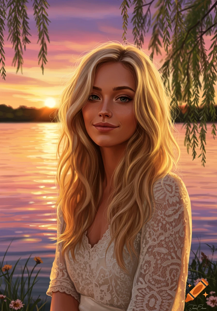 A realistic digital painting of a smiling blonde woman by a lake at sunset, with willow branches hanging down.