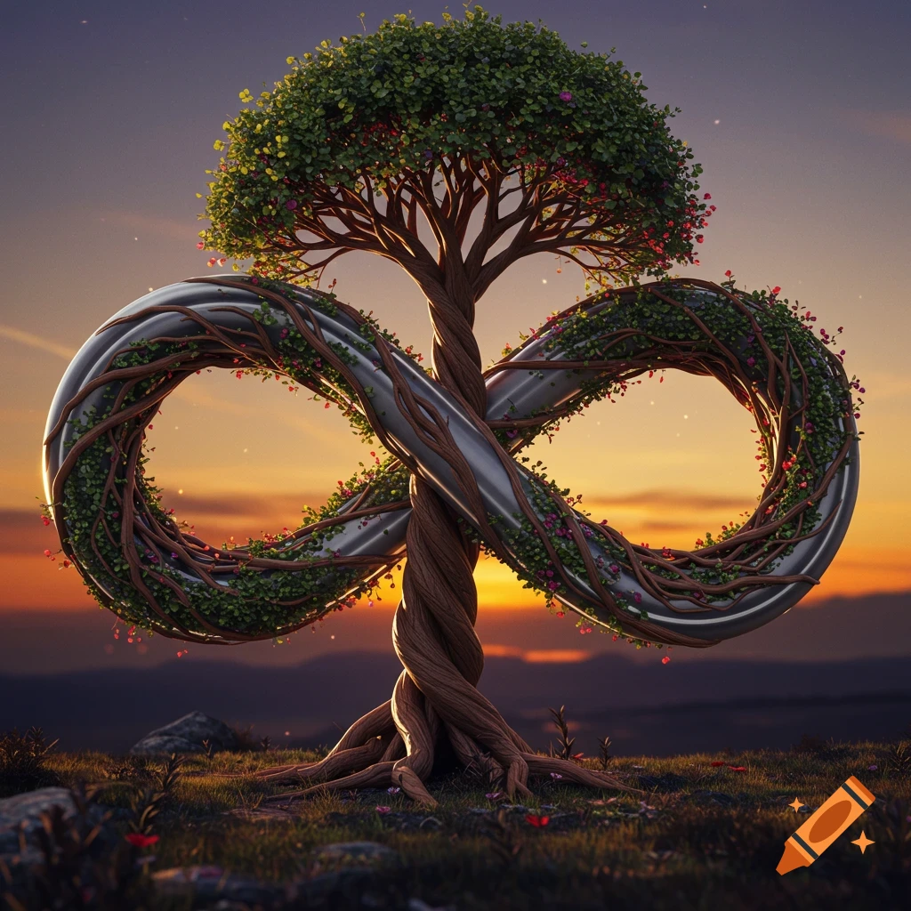 A photorealistic 3D rendered tree of life with its trunk and branches twisted into an infinity symbol, adorned with green foliage, at sunset.