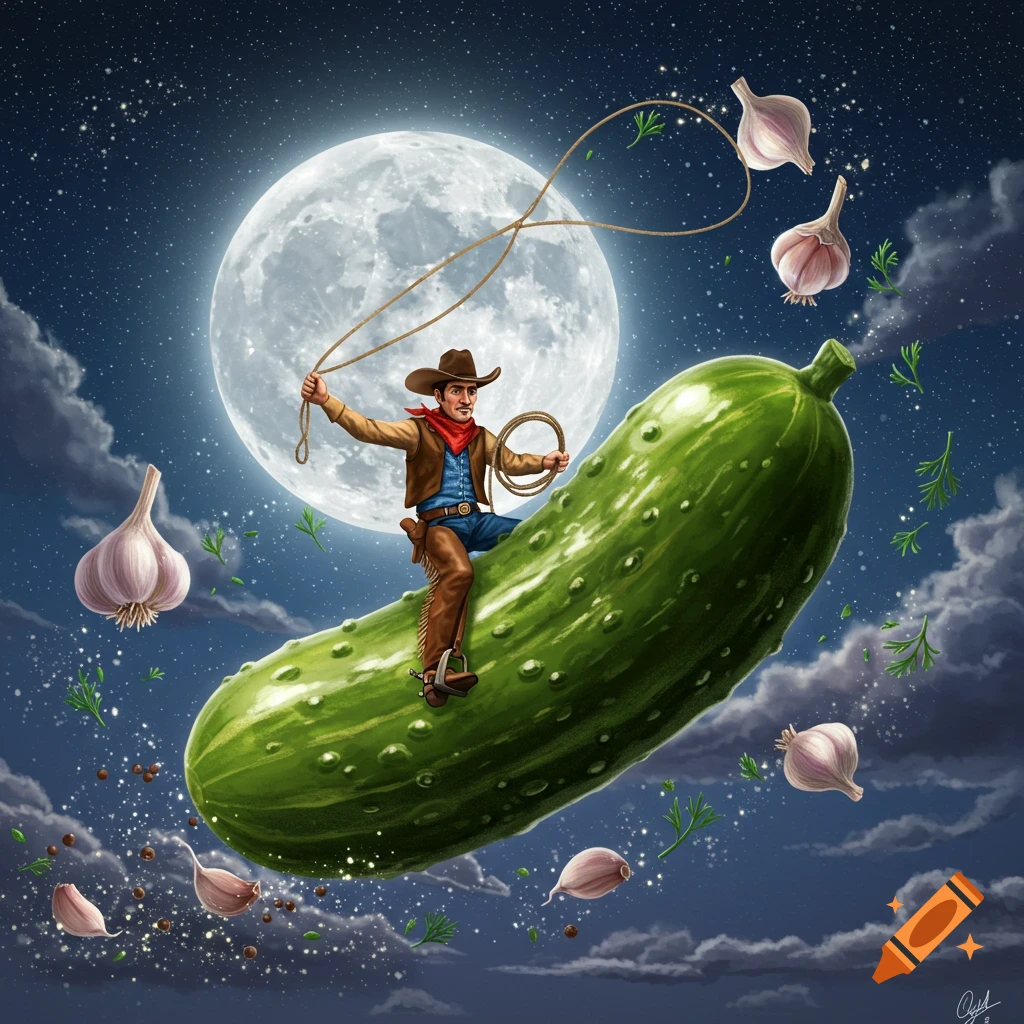 Cartoon cowboy riding a giant pickle in the night sky with a full moon, lassoing garlic and dill spices.